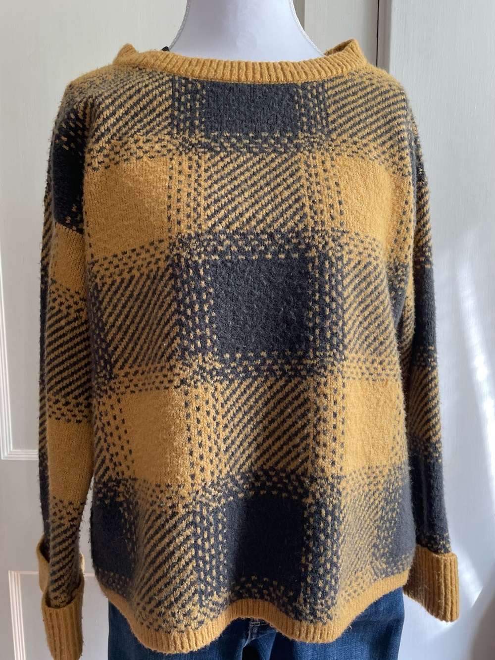 a new approach Women’s Mustard & Charcoal Plaid Knit Sweater